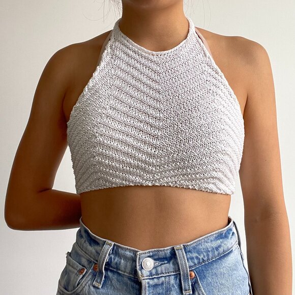 KNIT CROPPED HALTER BACKLESS TIE WHITE TOP SMALL - Picture 1 of 4